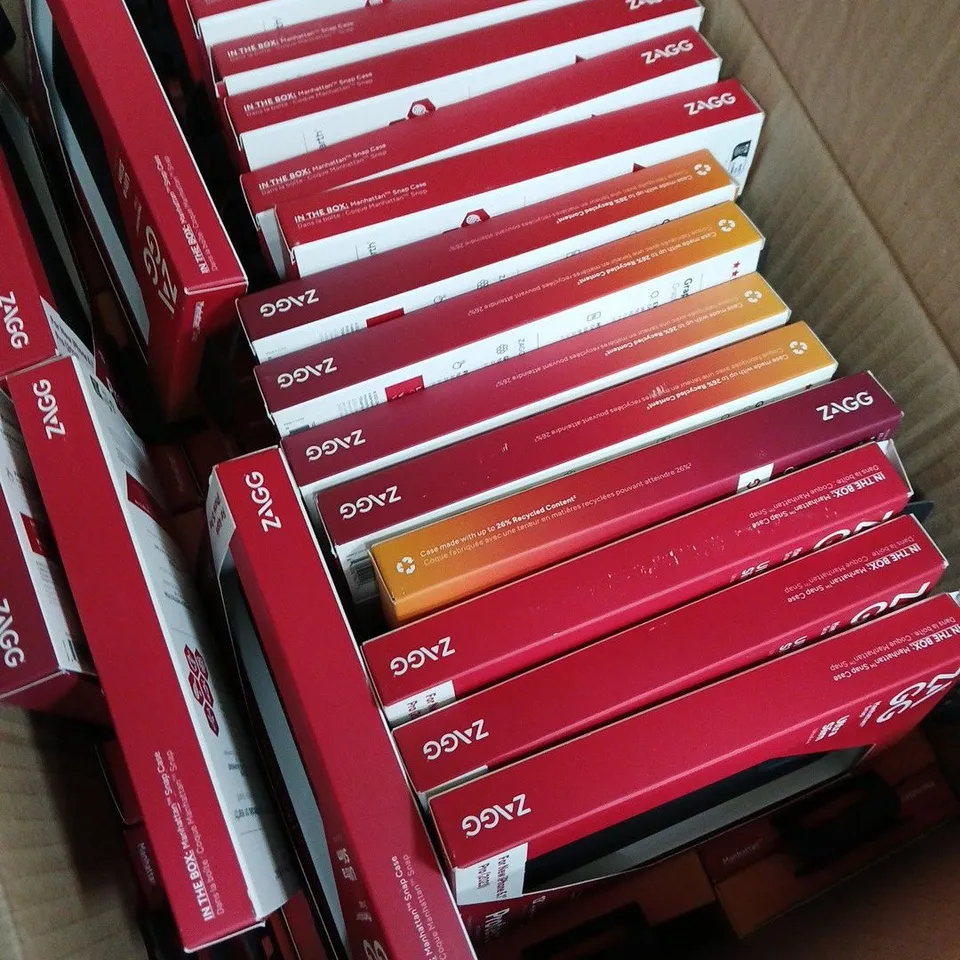 BOX OF APPROXIMATELY 70 ZAGG MANHATTAN SNAP ULTRA SLIM CASE FOR IPHONE 15 PRO 6.1IN – RED PACKAGING