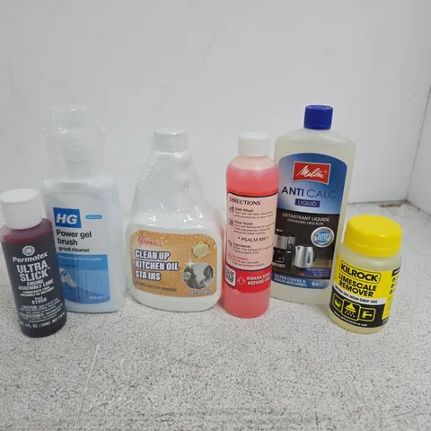 APPROXIMATELY 12 ASSORTED HOUSEHOLD LIQUID PRODUCTS TO INCLUDE LIMESCALE REMOVER, ANTICALC LIQUID, ULTRA SLICK ENGINE LUBE, ETC