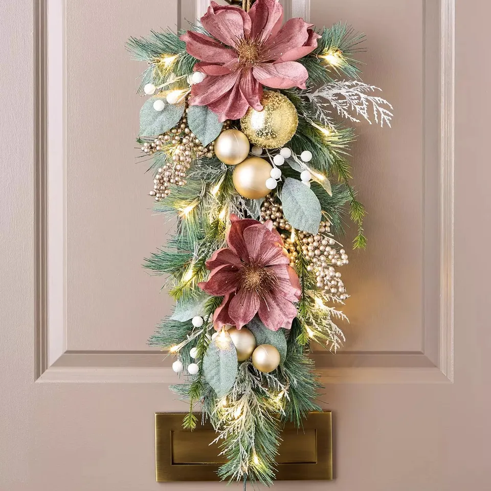 PINK MAGNOLIA PRE LIT TEARDROP WREATH