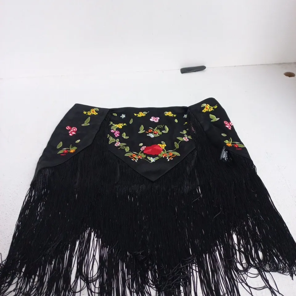 IAHIIN LARA SKIRT IN BLACK – EMBROIDERED FLORAL WITH FRINGE, UK SIZE S