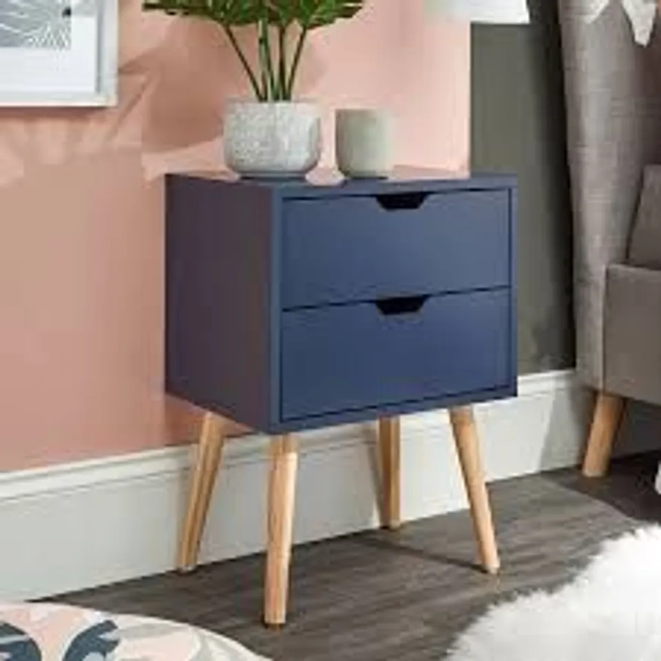 BOXED SET OF 2 LALANI 2 DRAWER BEDSIDE TABLES - NIGHT SHADOW BLUE (1 BOX)