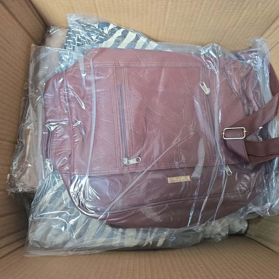 BOX OF APPROXIMATELY 15 ASSORTED ITEMS TO INCLUDE - HANDBAGS - LONG SLEEVE TOP - ETC - COLLECTION ONLY 