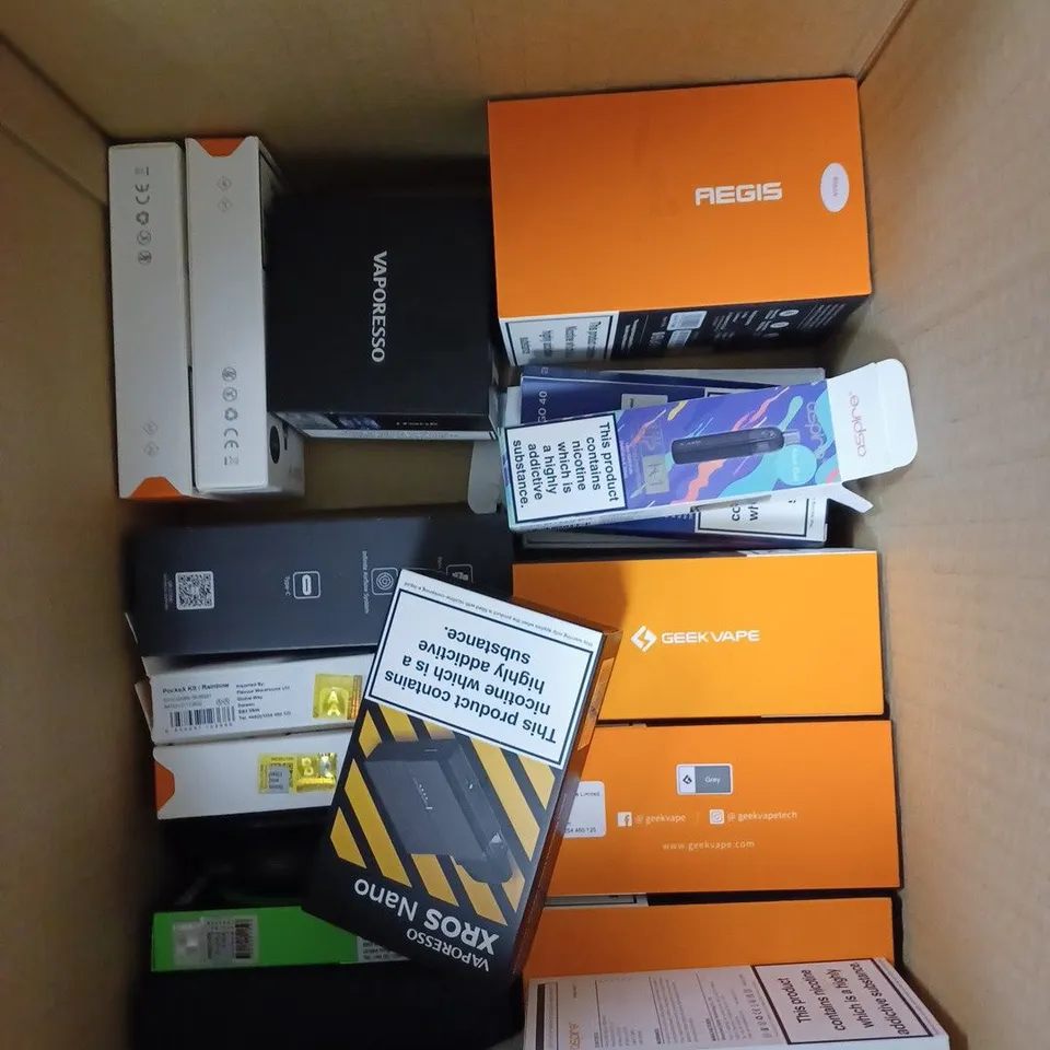 BOX OF APPROXIMATELY 30 E-CIGARETTE PRODUCTS TO INCLUDE ASPIRE POCKEX, ARGUS XTKIT, GEEKVAPE S100 ETC
