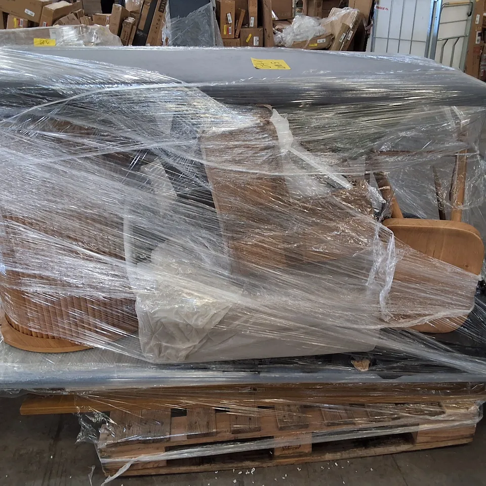 PALLET OF ASSORTED FURNITURE PARTS AND ITEMS TO INCLUDE WOODEN STOOL AND TABLE, SOFA PARTS AND DINING TABLE TOP