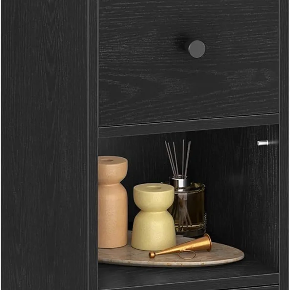 BOXED HZUANERI SLIM BEDSIDE TABLE, NARROW SIDE TABLE WITH 2 DRAWERS - BLACK (1 BOX)