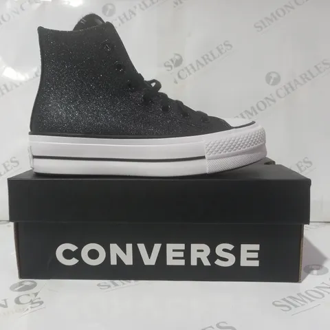 BOXED PAIR OF CONVERSE ALL STAR LIFT HI TOP SHOES IN BLACK W. GLITTER EFFECT UK SIZE 3.5
