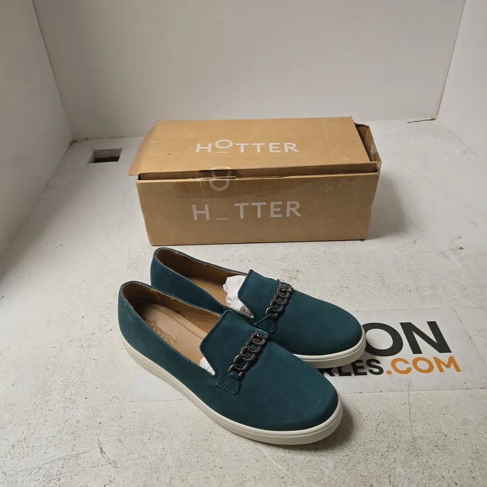 HOTTER TEAL‑GREEN SUEDE SLIP-ON SHOES, UK 6.5 (US 8.5, EU 40)
