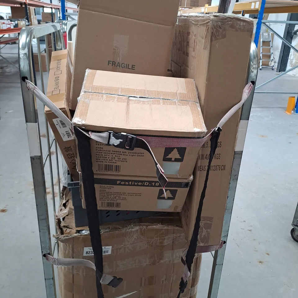 CAGE OF APPROX 10 ASSORTED ITEMS TOO INCLUDE FESTIVE STAR LIGHTS , MICROWAVE OVEN RACK , VELVET THROW , ETC