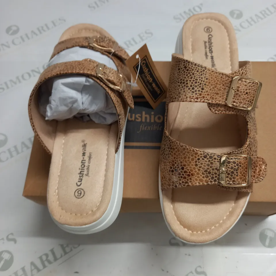 BOXED PAIR OF CUSHION WALK GOLD STRAPPY SANDALS - SIZE 6