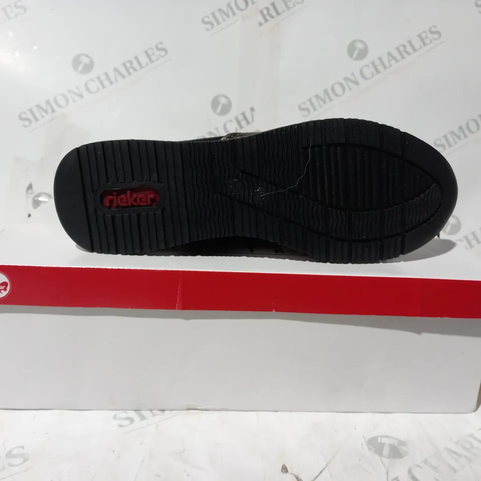 BOXED PAIR OF RIEKER HIGH TOP MIX MATERIAL TRAINER BOOTS IN BLACK UK SIZE 6
