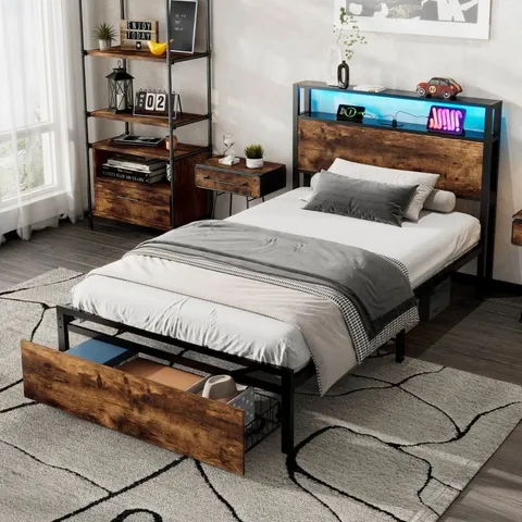 BOXED SINGLE METAL BED WITH LED LIGHT STRIP, DRAWER, AND USB PORTS, HOME AND FURNITURE BEDROOM FURNITURE, 207.5X90.5X105 CM, BLACK + DARK WALNUT