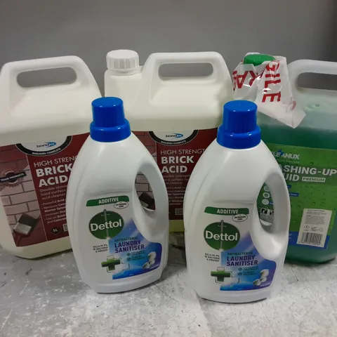 APPROXIMATELY 5 LIQUIDS TO INCLUDE CLEANUX WASHING-UP LIQUID (5L), DETTOL LAUNDRY SANITISER (1.5L), BRICK ACID (5L), ETC - COLLECTION ONLY