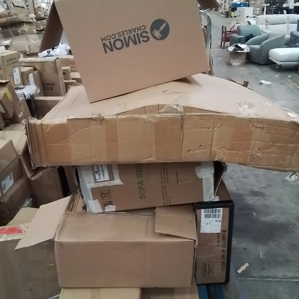 PALLET CONTAINING VARIOUS BOXED HOUSEHOLD CUSTOMER RETURNS TO INCLUDE: SOFA BED PARTS, CHAFING BUFFET SET,  FOODS BALL TABLE ETC. 
