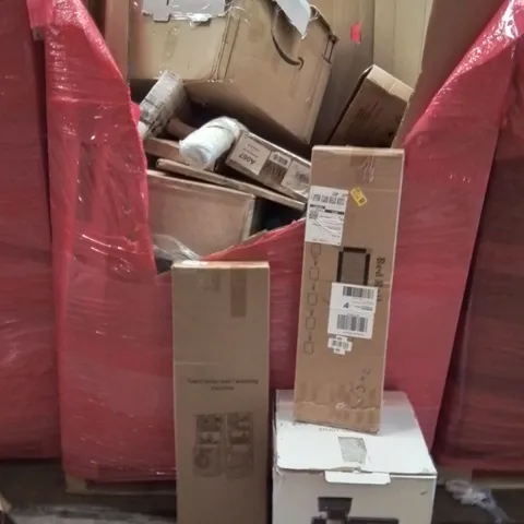 PALLET CONTAINING VARIOUS ASSORTED BOXED HOUSEHOLD ITEMS TO INCLUDE: OFFICE CHAIR, BED RAIL, TOILET ORGANISER RACK, AREA RUGS AND LOTS MORE UNMARKED BOXED ITEMS 