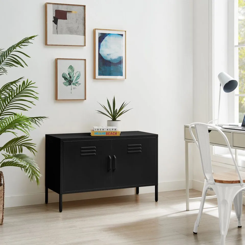 BOXED TEKSI BLACK METAL LOCKER 2 DOOR SIDEBOARD CABINET (1 BOX)