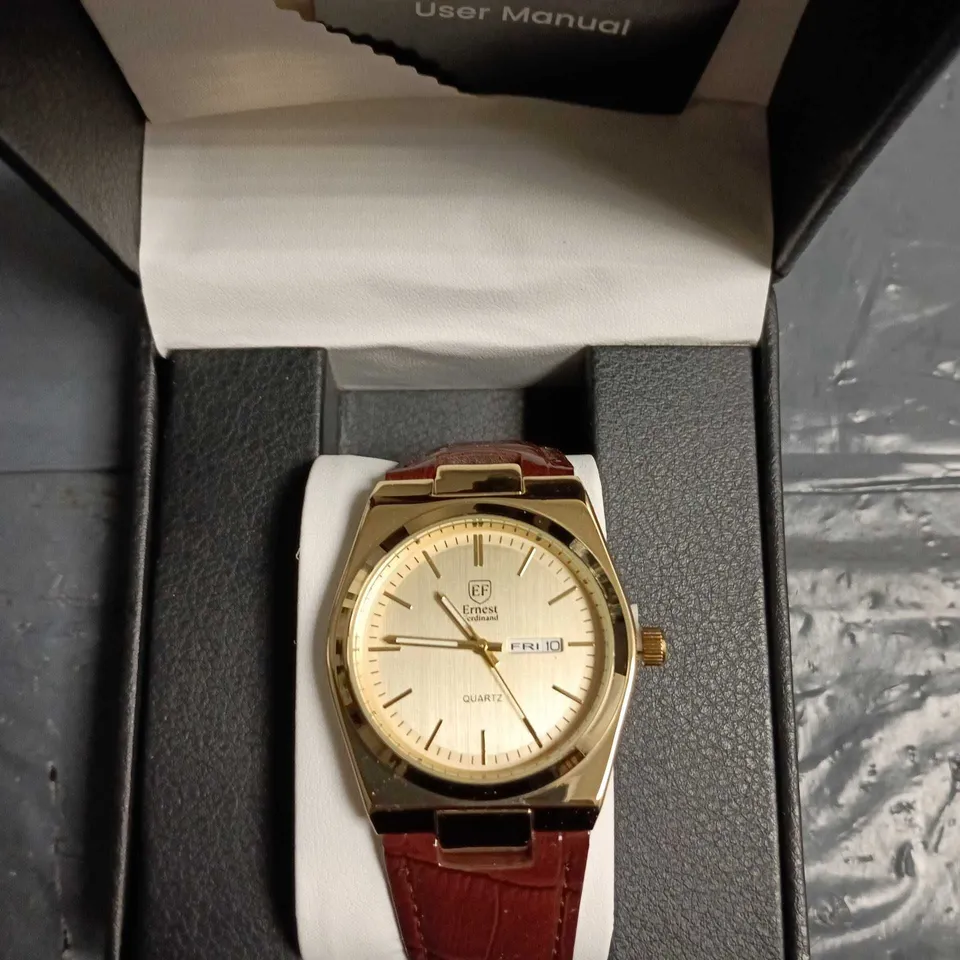 ERNEST FERDINAND QUARTZ WRISTWATCH, GOLD-TONE CASE, BROWN LEATHER STRAP – BOXED