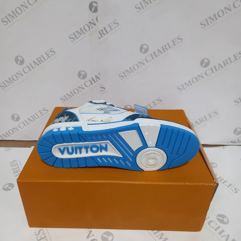 BOXED PAIR OF LOUIS VUITTON VELCRO STRAP SNEAKERS - WHITE/BLUE, SIZE 7