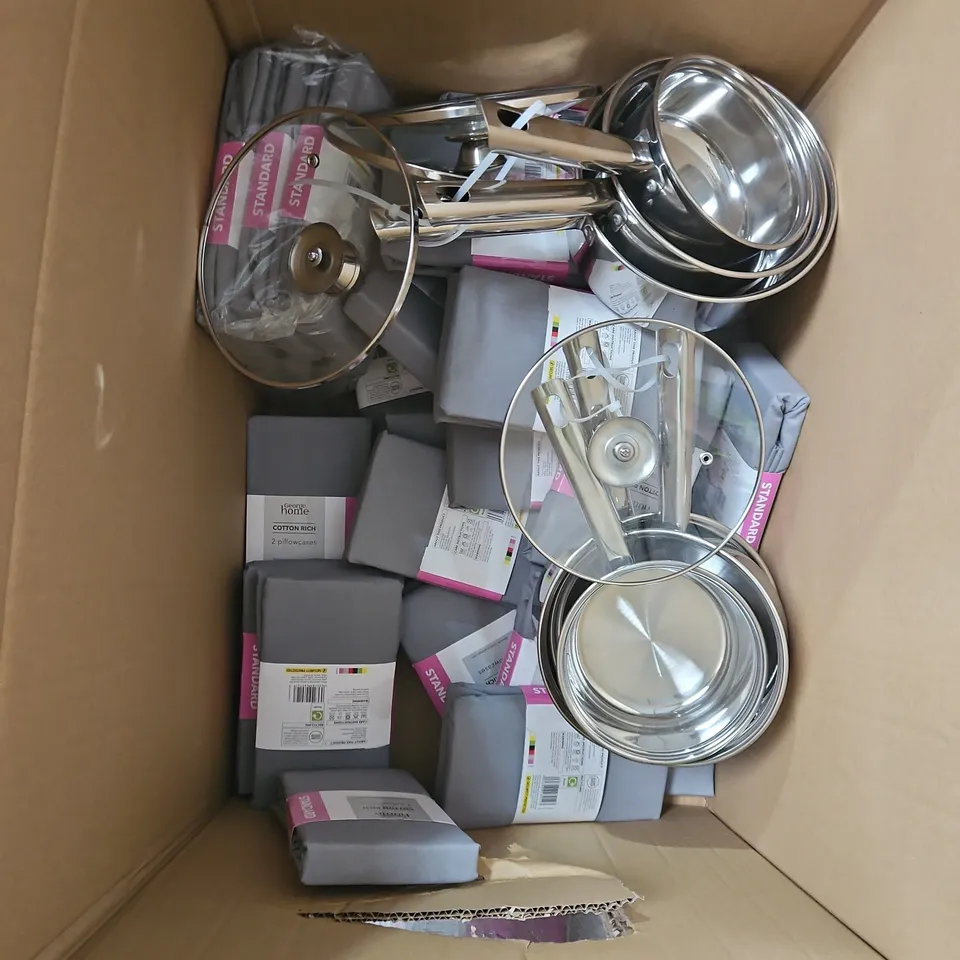 BOX OF APPROXIMATELY 8 ASSORTED HOMEWARE ITEMS TO INCLUDE - PILLOWCASES - BOWLS - PAN - ETC - COLLECTION ONLY