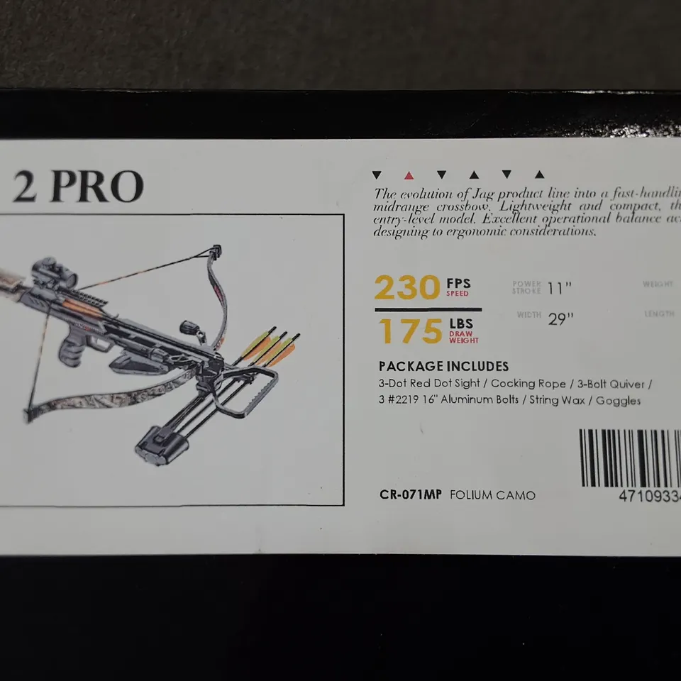 BOXED EK JAG 2 PRO 175LBS DRAW WEIGHT CROSSBOW IN BLACK/CAMO