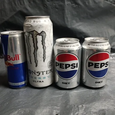 LOT OF 24 ASSORTED CANS OF DRINK TO INCLUDE MONSTER, PEPSI AND RED BULL