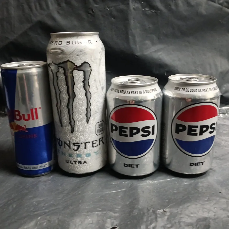 LOT OF 24 ASSORTED CANS OF DRINK TO INCLUDE MONSTER, PEPSI AND RED BULL