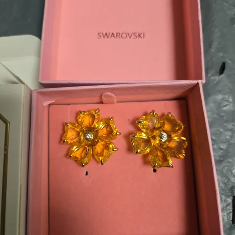 SWAROVSKI FLOWER CRYSTAL EARRINGS – AMBER/YELLOW, IN PINK SWAROVSKI BOX