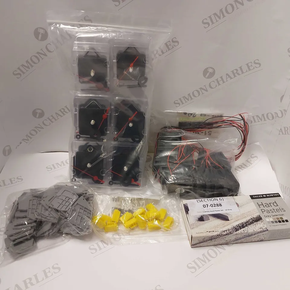 BOX OF APPROX 10 ITEMS TO INCLUDE TRUMOTION QUARTZ CLOCK MOTION, DALER ROWNEY HARD PASTELS IN GREY AND ENTRELEC EARTH ISOLATING END COVER