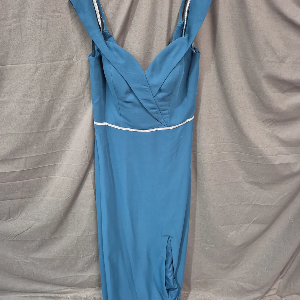 SERENADI TEAL EVENING DRESS WITH RHINESTONE STRAPS, SIZE 10