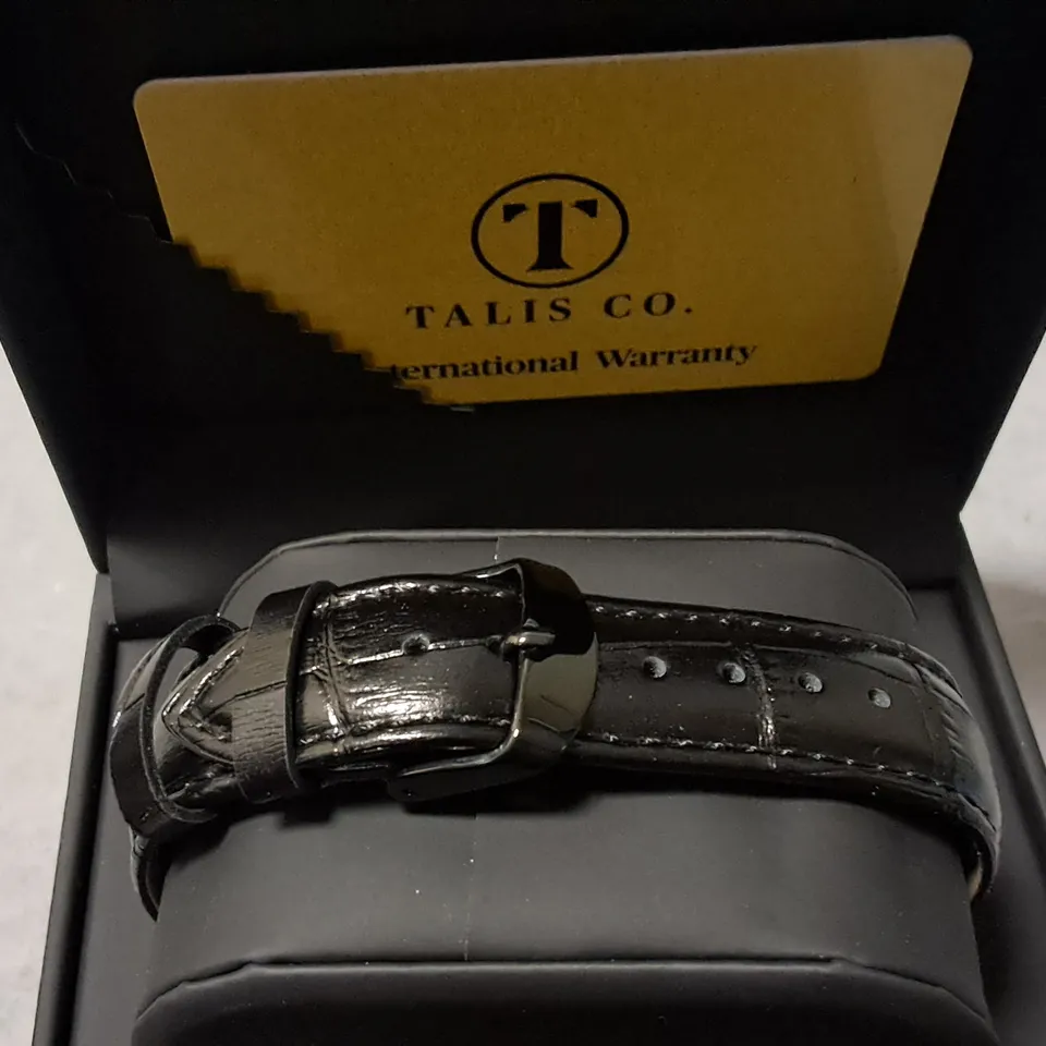 TALIS CO BLACK STAINLESS STEEL GENTS MOON PHASE WATCH WITH BLACK LEATHER STRAP