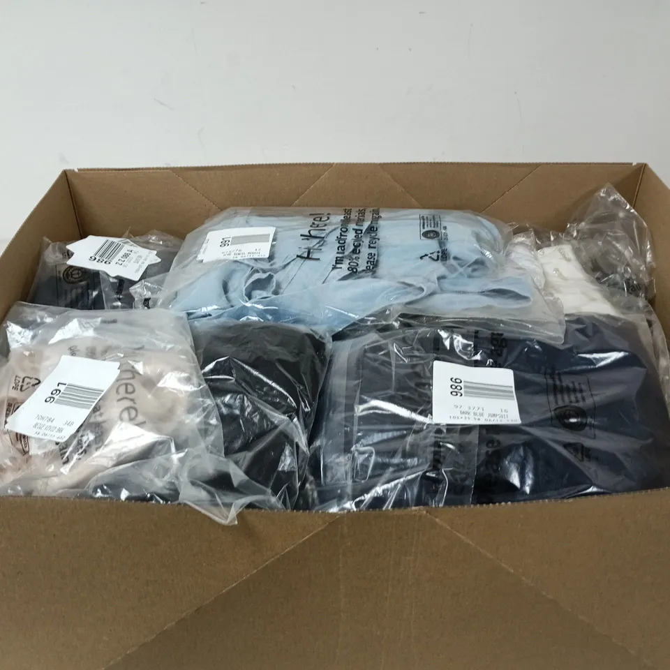 BOX OF APPROXIMATELY 20 ASSORTED CLOTHING ITEMS OF VARIOUS STYLES AND SIZES TO INCLUDE NAVY DRESS, BLUE TENCIL MIDAXI, DARK BLUE JUMPSUIT ETC