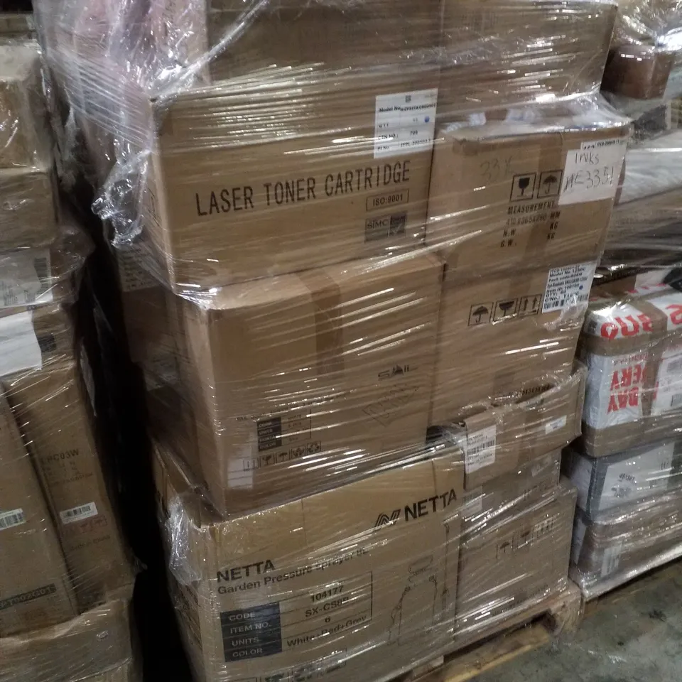 PALLET CONTAINING ASSORTED PRODUCTS INCLUDING GARDEN PRESSURE SPRAYER 8L, TONER CARTRIDGES & SLEEPING BAGS