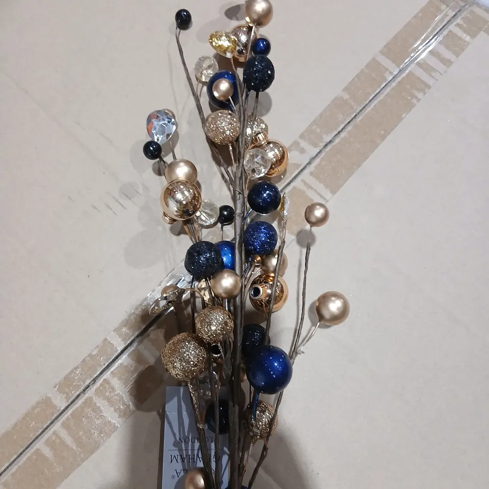APPROXIMATELY 72 GISELA GRAHAM DECORATIVE METAL BERRY SPRAY BOUQUET – BLUE, GOLD AND CLEAR BEADS