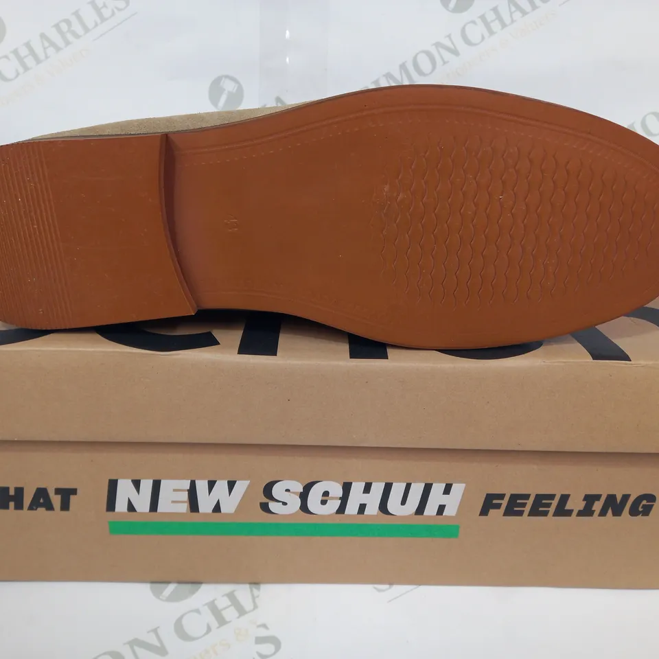 BOXED PAIR OF SCHUH FAUX SUEDE LOAFERS IN BEIGE UK SIZE 9