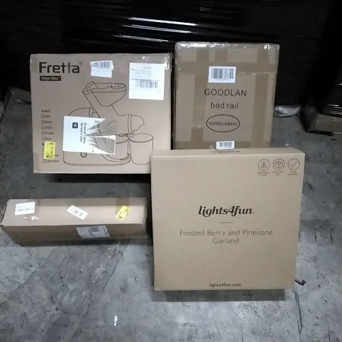 PALLET OF HOUSEHOLD ITEMS TO INCLUDE FROSTED BERRY AND PINECONE GARLAND, JUICER, SEAT AND TABLE ACCESSORIES, BED RAIL AND OTHER ASSORTED ITEMS...