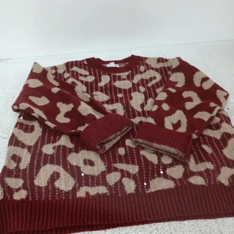 D&CO. DENIM & CO. MAROON & BEIGE PATTERNED KNIT JUMPER – WOMEN'S UK XL (US L)