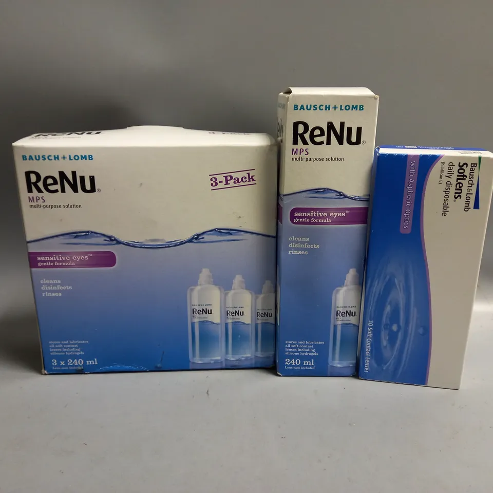 APPROXIMATELY 7 ASSORTED BAUSCH & LOMB EYECARE PRODUCTS TO INCLUDE RENU MULTI-PURPOSE CONTACT LENS SOLUTION, SOFTLENS DISPOSABLE CONTACT LENS 