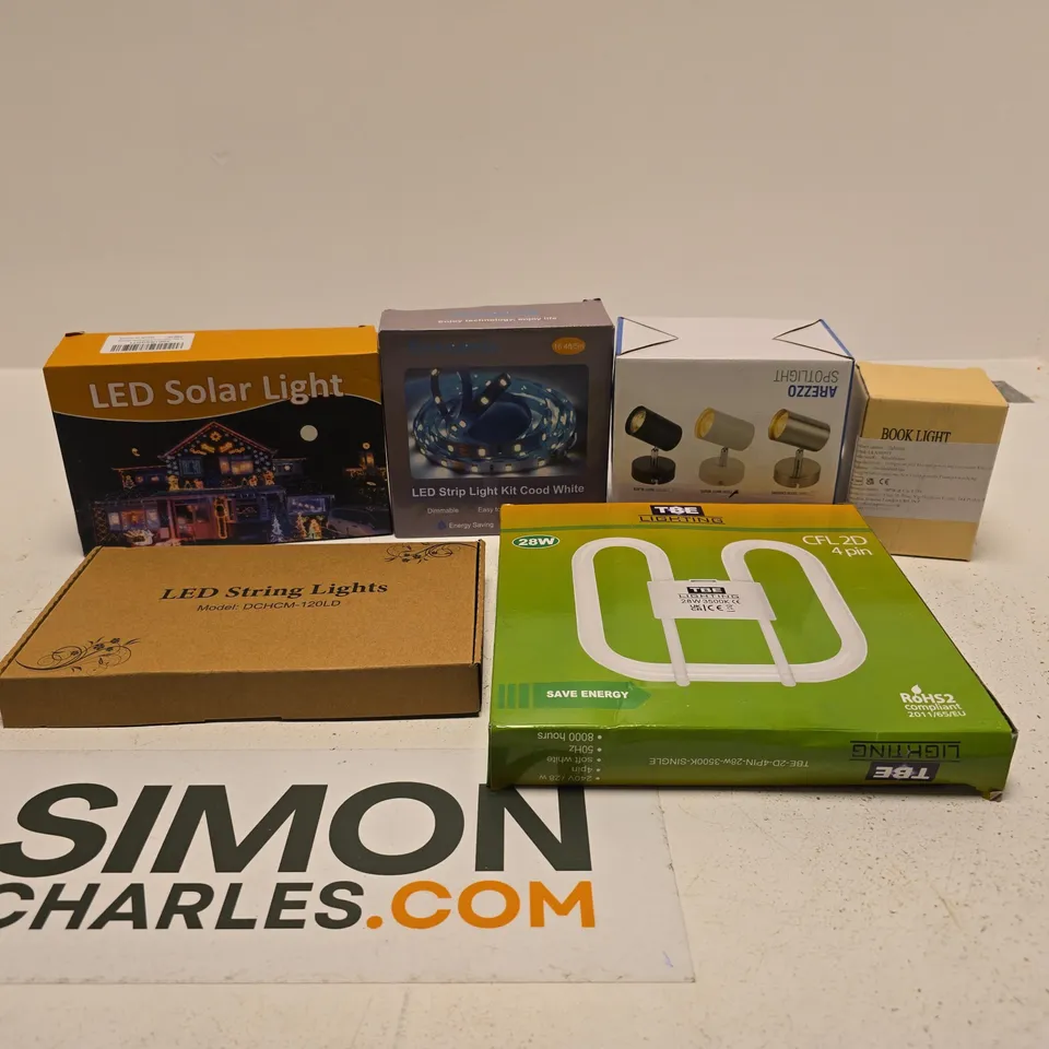 BOX OF APPROXIMATELY 15 ASSORTED LIGHTING ITEMS TO INCLUDE BOOK LIGHT, LED STRIP LIGHT KIT, LED SOLAR LIGHT, LED STRING LIGHTS ETC