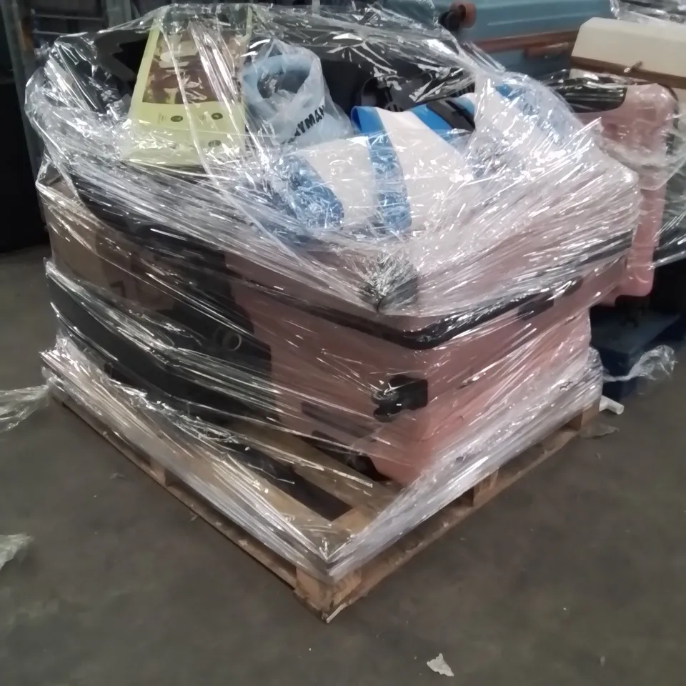 PALLET OF ASSORTED HOUSEHOLD GOODS AND PRODUCTS TO INCLUDE;SUITCASES,DUMBBELL,CHILD'S CAR SEAT