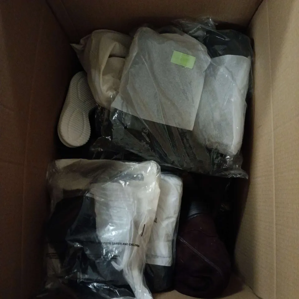 BOX OF APPROXIMATELY 12 ASSORTED PAIRS OF SHOES & FOOTWEAR ITEMS IN VARIOUS STYLES, SIZES & COLOURS - COLLECTION ONLY
