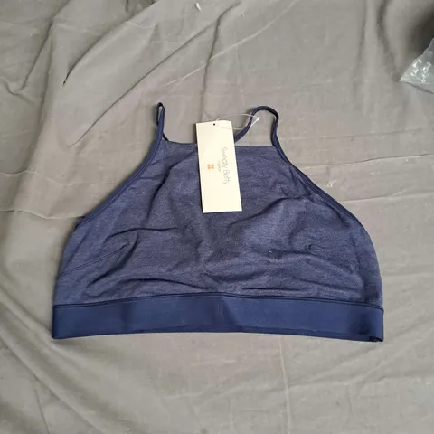 SWEATY BETTY SUNDOWN SOFT COTTON HIGH NECK BRALETTE IN NAVY BLUE HEATHER SIZE L