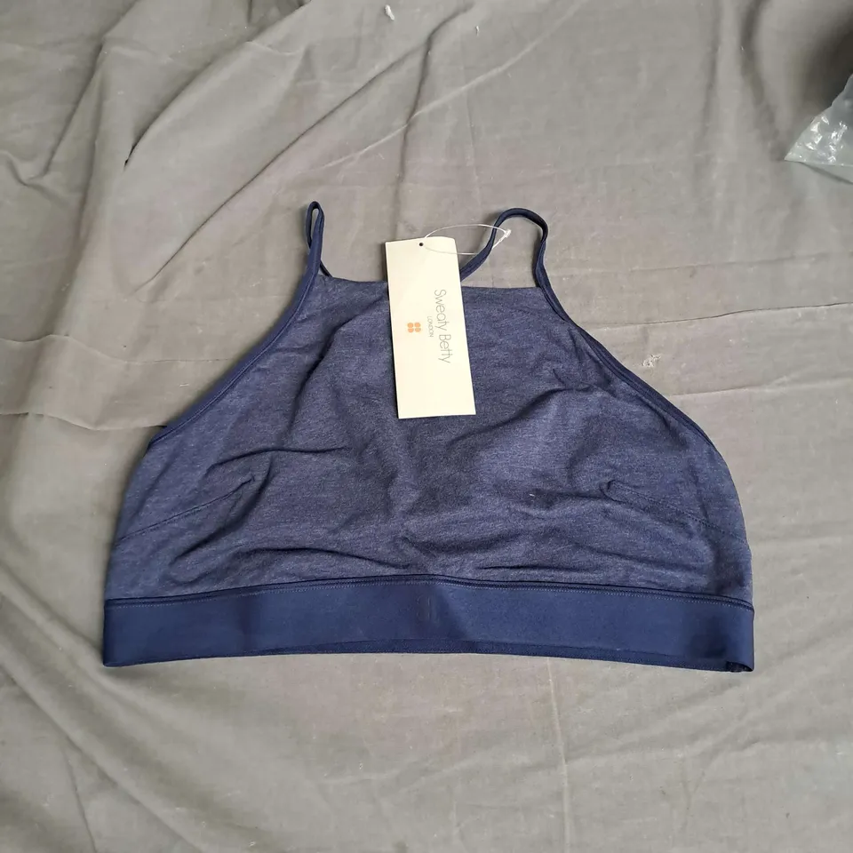 SWEATY BETTY SUNDOWN SOFT COTTON HIGH NECK BRALETTE IN NAVY BLUE HEATHER SIZE L