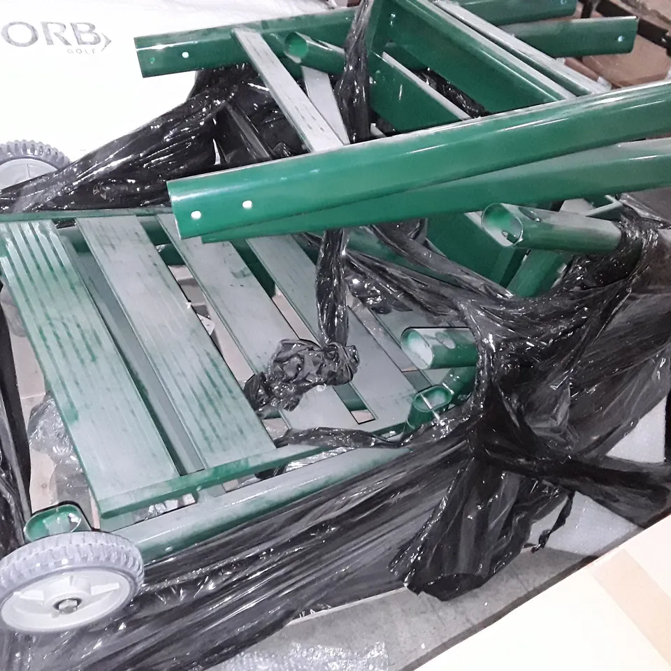 LOT OF WHEELED GREEN METAL TUBING PARTS