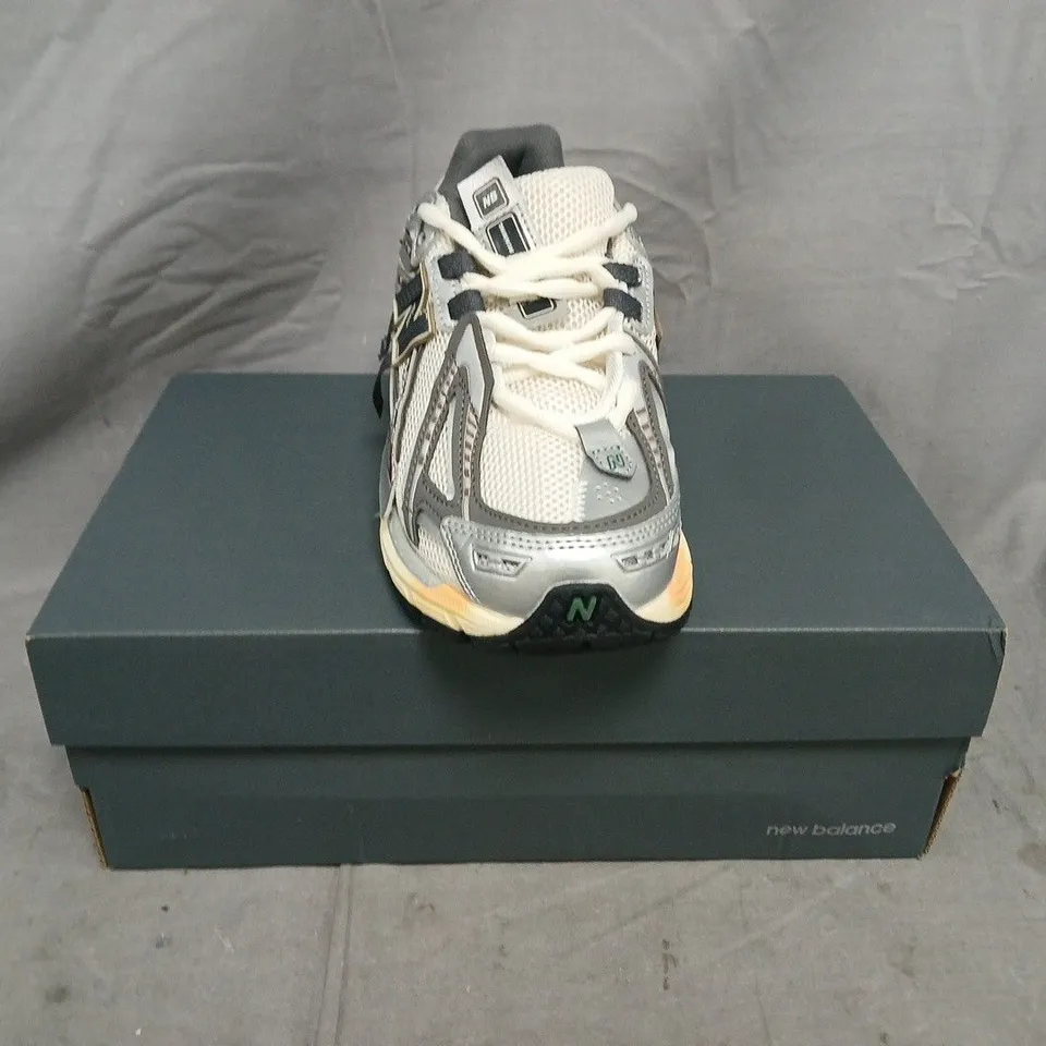 BOXED PAIR OF NEW BALANCE 1906A TRAINERS IN OFF WHITE/SILVER/BLACK SIZE UK 6