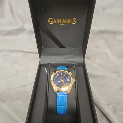 GAMAGES LONDON GOLD-TONE WRISTWATCH WITH BLUE LEATHER STRAP