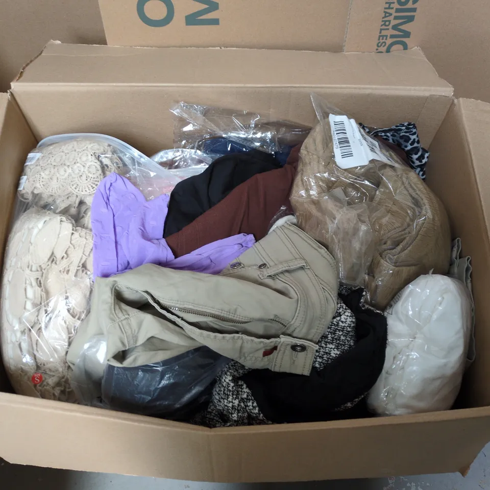 APPROXIMATELY 20 ASSORTED CLOTHING PRODUCTS IN VARIOUS STYLES & SIZES TO INCLUDE PANTS, T-SHIRTS, DRESSES ETC