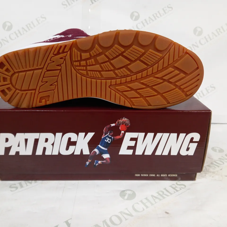 BOXED PAIR OF EWING MIKES HOT HONEY SNEAKERS IN MAROON/WHITE UK SIZE 8.5