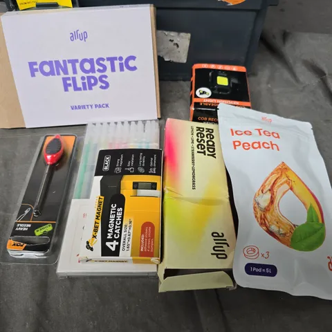 BOX OF ASSORTED ITEMS TO INCLUDE TOOLS - MAGNETS - AIR UP 