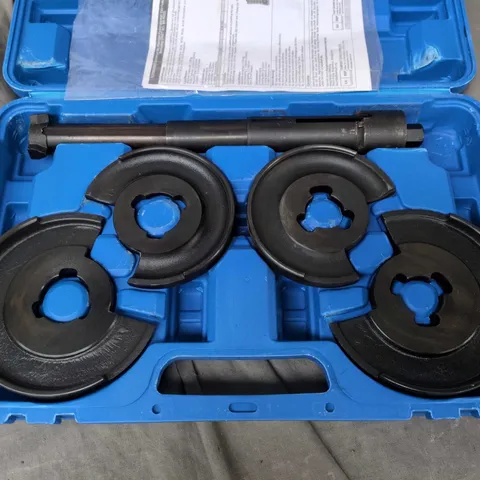 TOOL SET IN BLUE PLASTIC CASE WITH CIRCULAR DISC COMPONENTS