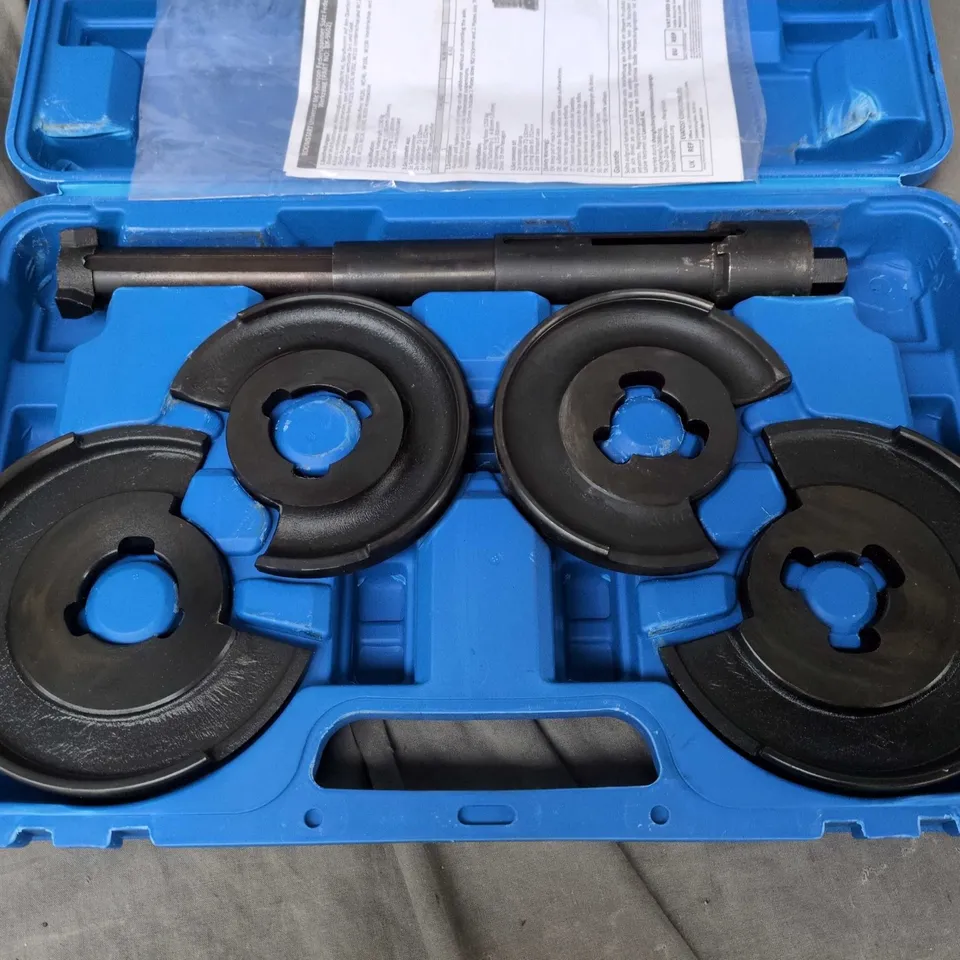 TOOL SET IN BLUE PLASTIC CASE WITH CIRCULAR DISC COMPONENTS