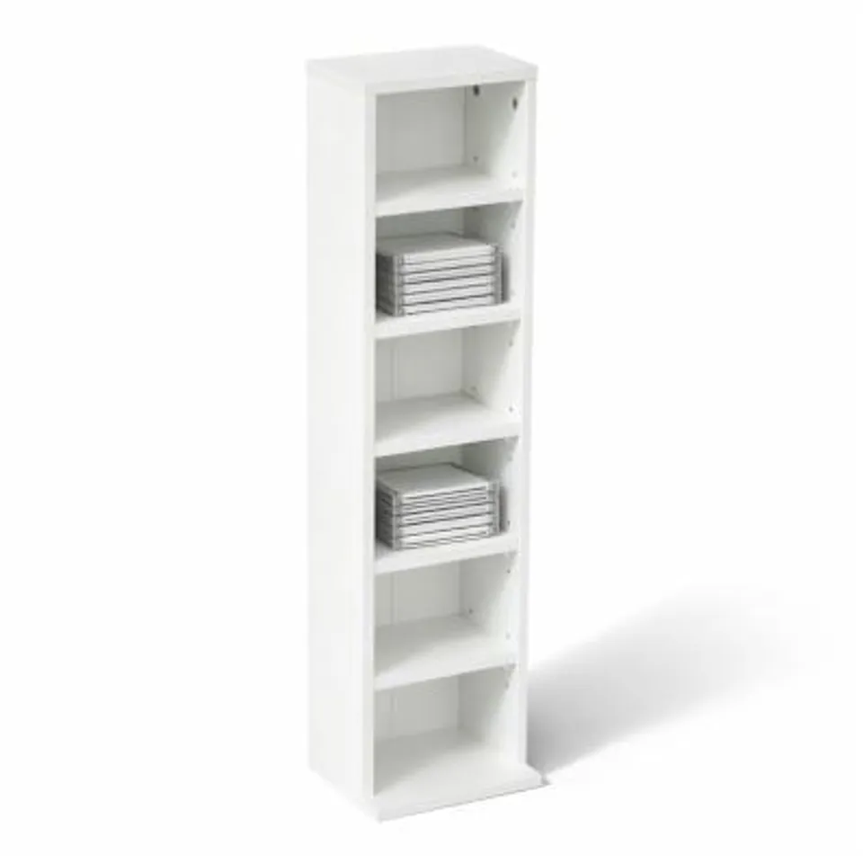 BOXED OYPLA 6 TIER WHITE WOODEN CD DVD GAME BOOK SHELF STORAGE TOWER RACK - FITS 102 CDS